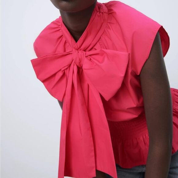 Zara Hot Pink Poplin Cotton Bow Sleeveless Blouse Size Medium - Picture 1 of 8